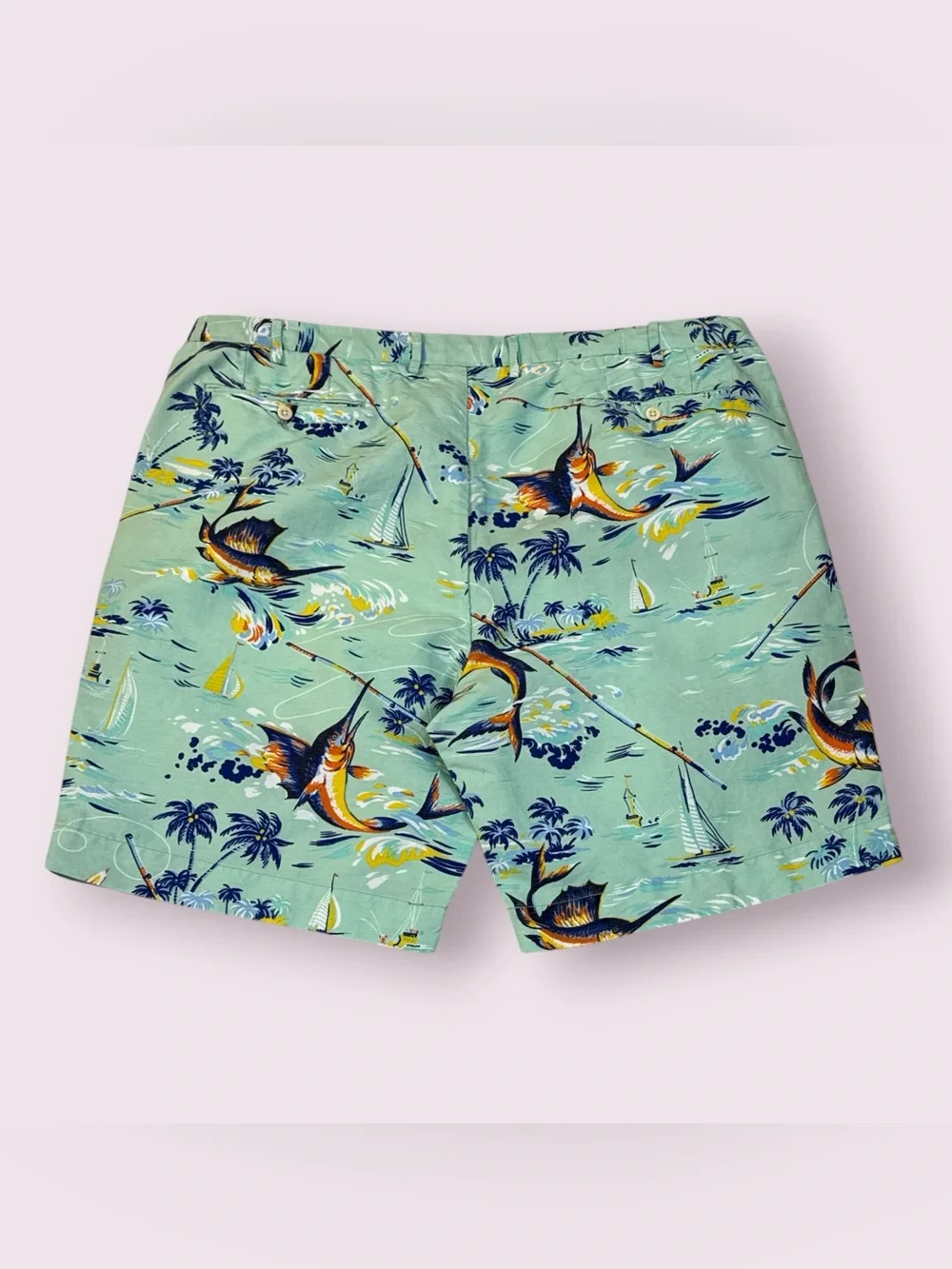 Polo Ralph Lauren Mens Classic Fit Shorts, Teal With Fishing/Beach Scene, SZ 44B